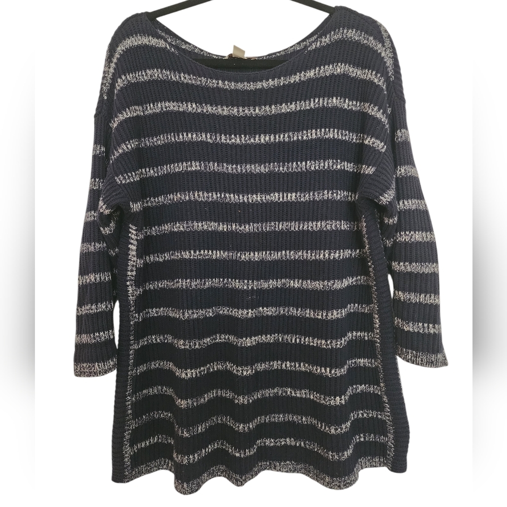 Coldwater Creek Navy Blue White Striped Boatneck Knit Sweater SZ XL